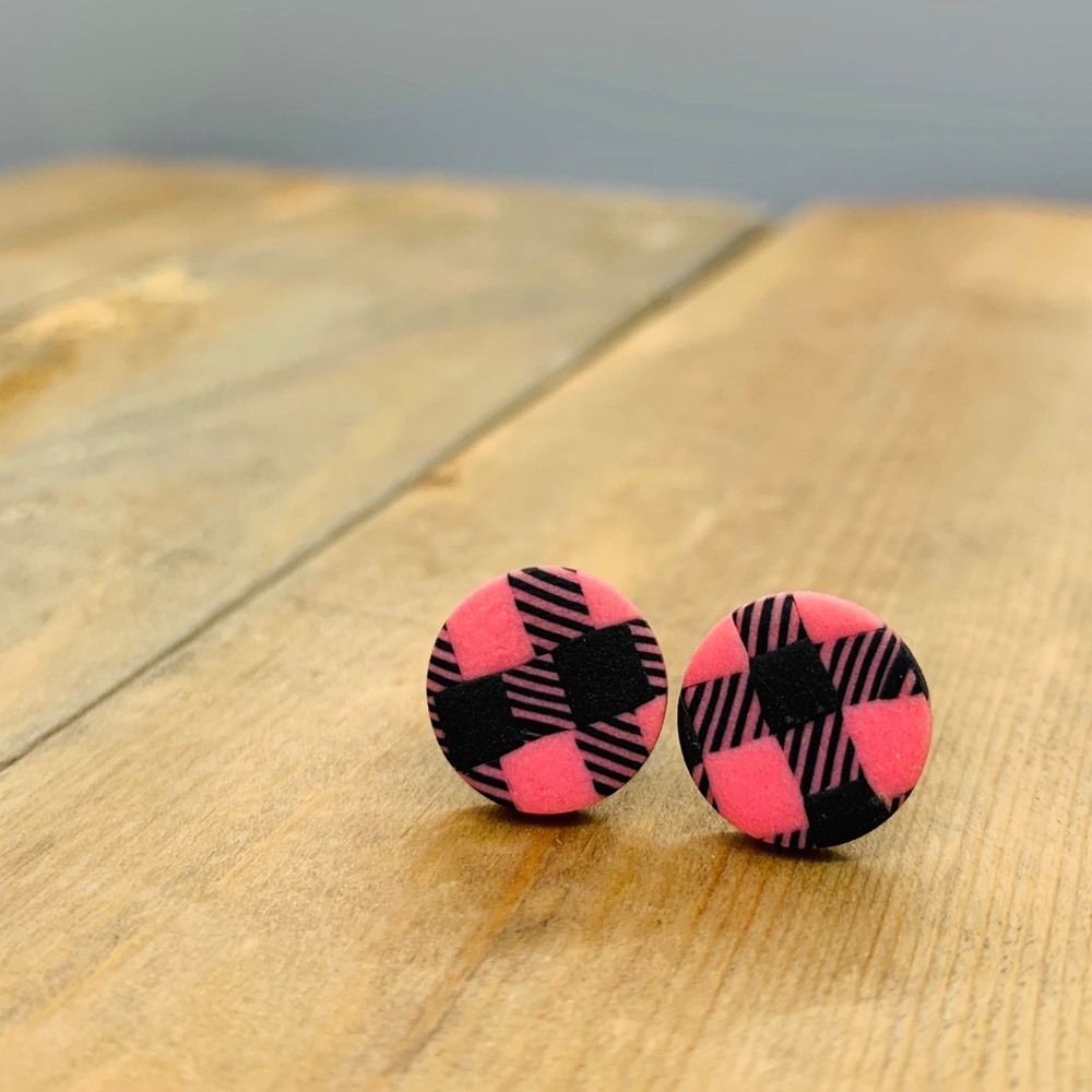 Artisan Pink Buffalo Plaid Titanium Post Earrings